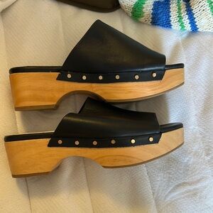 Dolce Vita Black Leather Mules with Wooden Platform